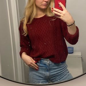 Maroon red sweater. Fisherman knit style.